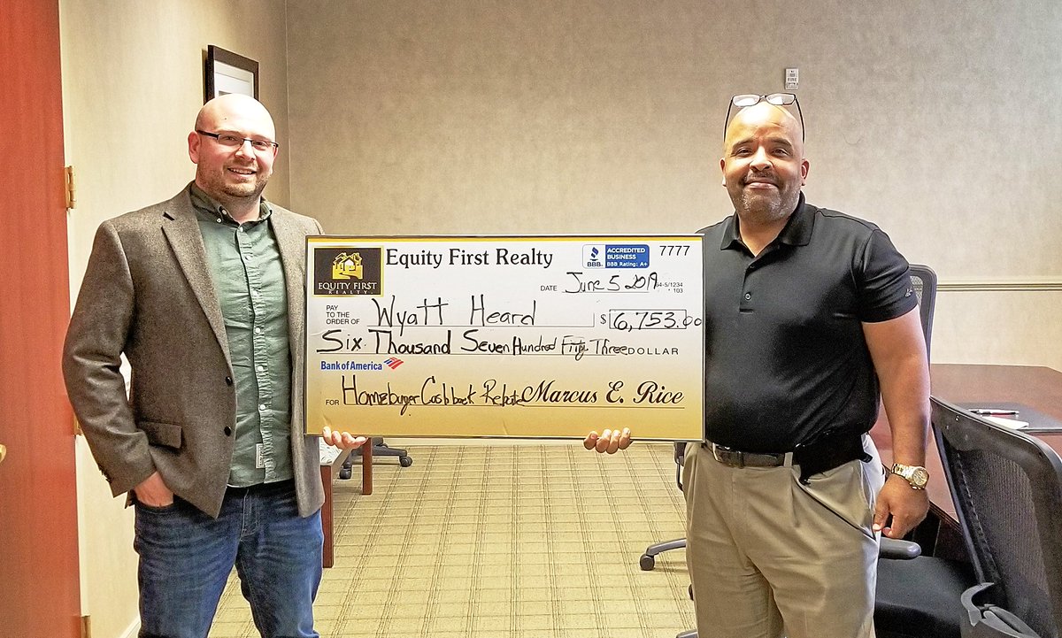 MarcusRiceTeam's tweet photo. Recently Marcus Rice with Equity First Realty was proud to give another cash back rebate check to Wyatt Heard for $6,753.00. This corporate executive took advantage of the Equity First Realty Cashback Rebate Program on his new home. https://t.co/OMbzjGW2G6 https://t.co/fBS8zqLf8C