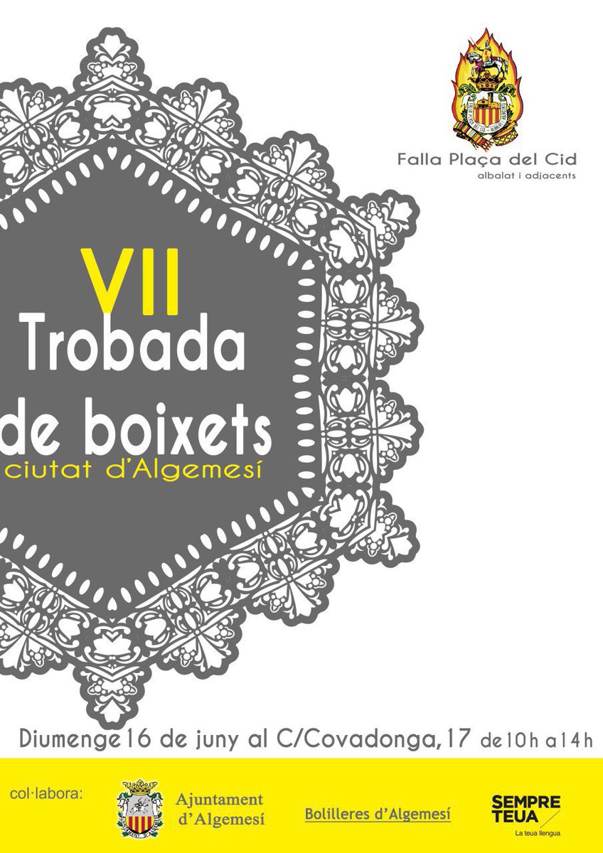 FalladelCid's tweet image. Ja sumem 7! 
VII Trobada de Boixets ciutat d’Algemesí. Vos esperem el proper diumenge, 16 de juny al nostre casal per gaudir d’esta tècnica artesanal de randa.
#boixets #comboi #cultura 
@algemesi_net @sempreteua @apunt_media