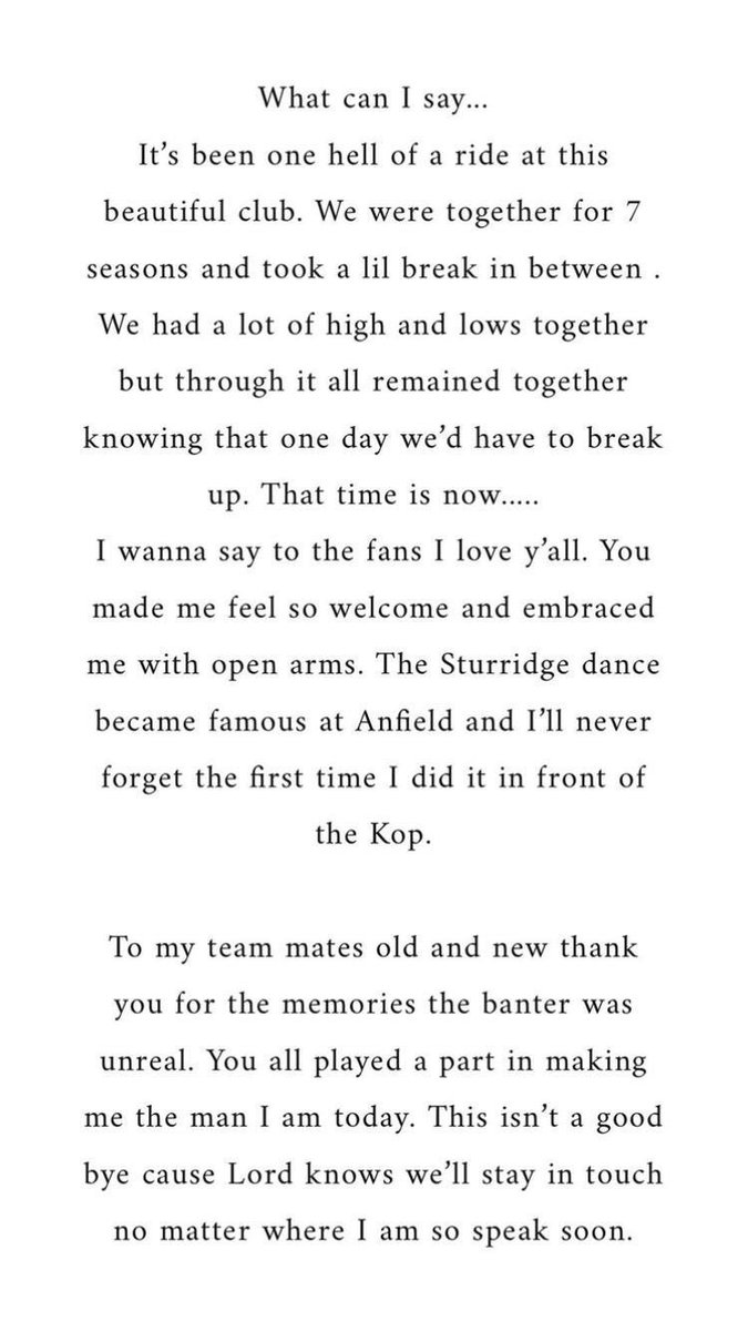 DaveOCKOP's tweet photo. Daniel Sturridge's goodbye message to Liverpool. Lovely words. https://t.co/YAwrIbcalk