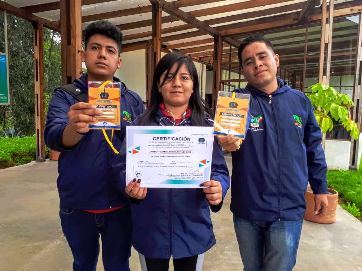 Nuestro reconocimiento para José Rodríguez, Frankie Rodríguez y Lucía de los Ángeles Barrera, estudiantes del <a href="/CecytehAtoto/">CecytehAtotonilco</a> por haber obtenido el 1er. lugar internacional en la categoría Impacto Tecnológico Junior en el torneo “Robot Game Zero Latitud 2019”, en Quito, Ecuador.