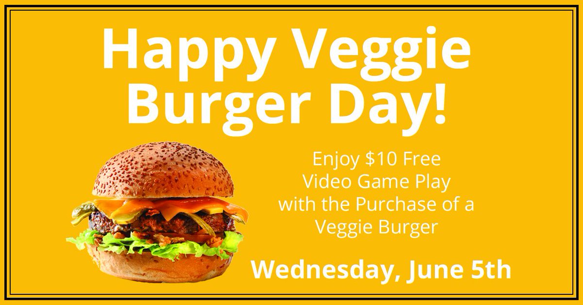 Happy National Veggie Burger Day! Swing by Pinballz Kingdom and get $10 in free video game play with the purchase of a veggie burger. Offer valid 6/5 only, at all three Pinballz locations.