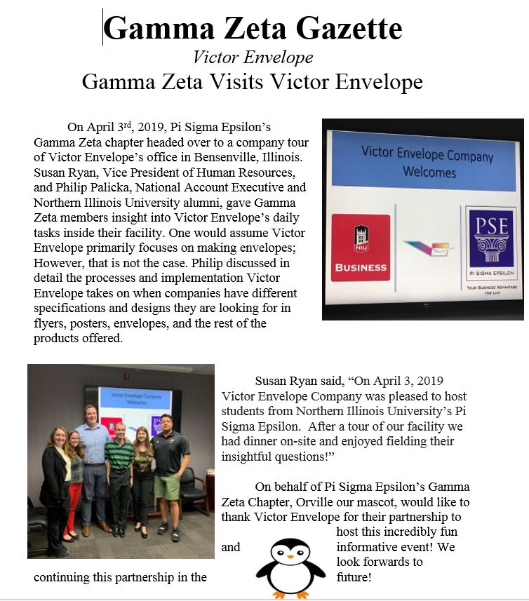 Hello everyone!
Gamma Zeta was able to get an inside scoop on the way <a href="/VictorEnvelope/">Victor Envelope Co.</a> runs! We thank them for their #hospitality and continuous support of our organization!
Here is the inside scoop: