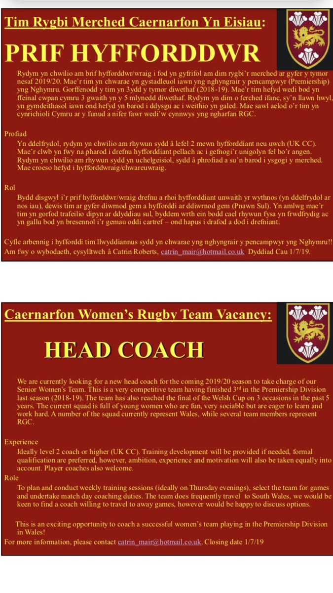 Rygbi Merched Caernarfon (@rygbicfongenod) on Twitter photo Rhywun ffansi dod i helpu Tim Rygbi Merched Caernarfon? Merched brwdfrydig, llawn hwyl a hefo ymroddiad anferthol!
Fancy coaching the successful Caernarfon Women’s Rugby Team? The girls are extremely committed, eager to do well and a lot of fun!! <a href="/ovalzonerugby/">Oval Zone Rugby Mag</a> <a href="/AllWalesSport/">All Wales Sport</a> Rhywun ffansi dod i helpu Tim Rygbi Merched Caernarfon? Merched brwdfrydig, llawn hwyl a hefo ymroddiad anferthol!
Fancy coaching the successful Caernarfon Women’s Rugby Team? The girls are extremely committed, eager to do well and a lot of fun!! <a href="/ovalzonerugby/">Oval Zone Rugby Mag</a> <a href="/AllWalesSport/">All Wales Sport</a>
