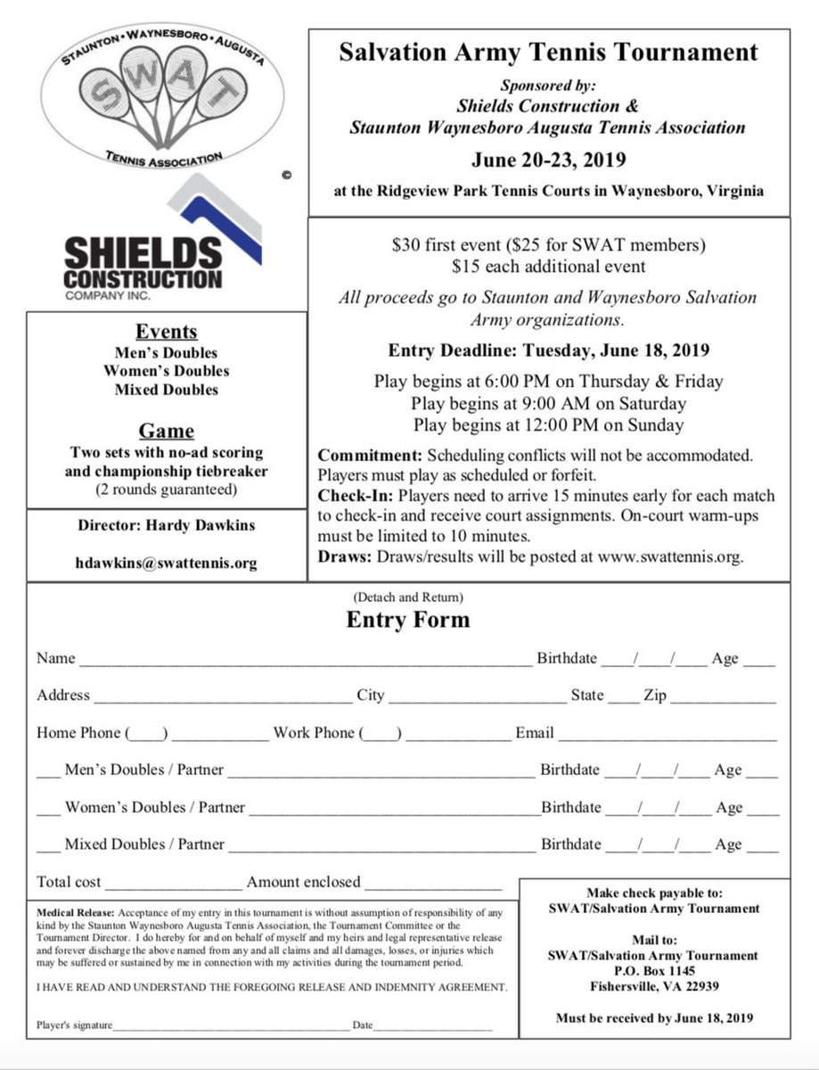 swattennis's tweet photo. SIGN UP for the Salvation Army Tournament! Charitable tournament w/ all proceeds to Staunton &amp; Waynesboro Salvation Army organizations.

Sponsored by Shields Construction Company.

Thursday 6/20-Sunday 6/23
Deadline: Tuesday 6/18
Ridgeview Park Tennis Courts in Waynesboro https://t.co/WZOTNMBNzB