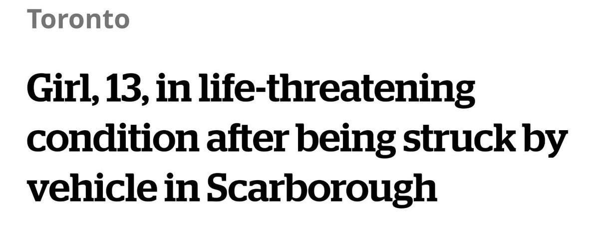 Remember everyone:Whether pedestrian, driver, or cyclist, safety in our public spaces is a shared responsibility. #VisionZero  #ZeroVision  #SharedResponsibility  #CarCulture https://www.cbc.ca/news/canada/toronto/girl-13-in-life-threatening-condition-after-being-struck-by-vehicle-in-scarborough-1.5160615