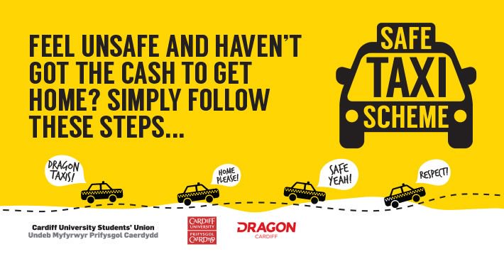 Just a reminder that we’ve partnered up with Dragon Taxi to create a ‘Safe Taxi’ Scheme. If you have no cash to get home, no matter what time or where you are in Cardiff, you can be picked up and taken home safely and pay back another time. goo.gl/XLbH4Y  🚖