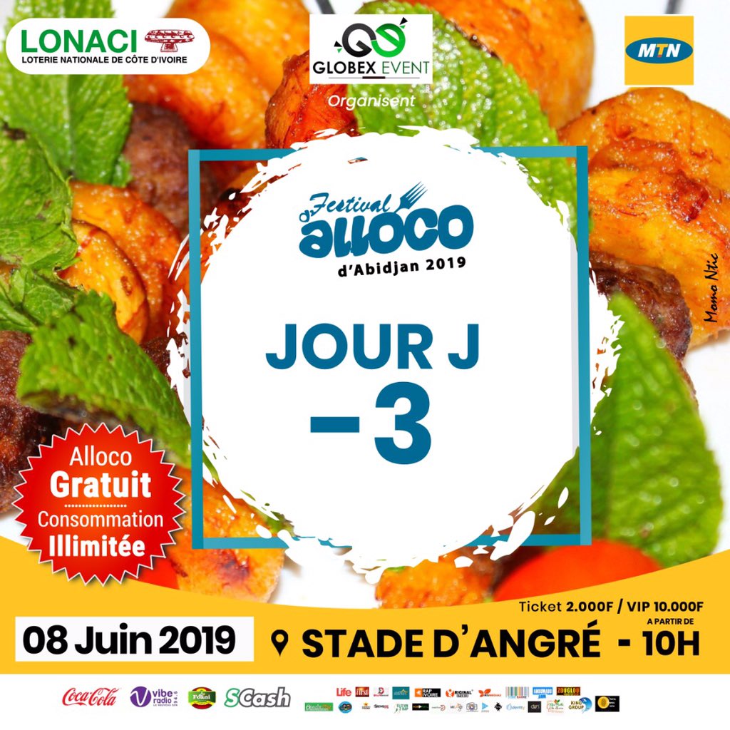 alloco_d's tweet photo. *Jour J-3...⏱ rendez vous le 8 juin pour un show inoubliable.   Festival D'alloco d'Abidjan au stade de ANGRE (derrière le 22e).  Entrée: 2000F VIP 10.000F  consommation d'Alloco gratuite et illimitée. contact: 54 41 48 11 @PaolaAudrey @ManoloCreperie0 @CommeIvoir @RhabetKoffi https://t.co/J9mWVDtpwm