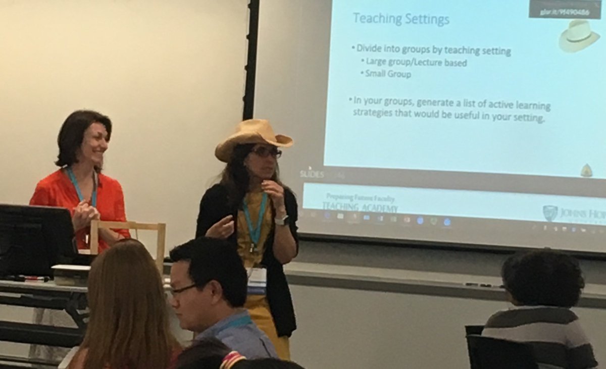 JHUTeachAcad's tweet photo. Yeehaw! 🤠 Drs Cayea and Levine from @HopkinsMedicine ask participants to work in groups on an #activelearning exercise as they facilitate the "Active Learning" session on day 1 of the #JHUTeachingInst! 

#preparingfuturefaculty #jhuteachingacademy https://t.co/5aiqta8mHU