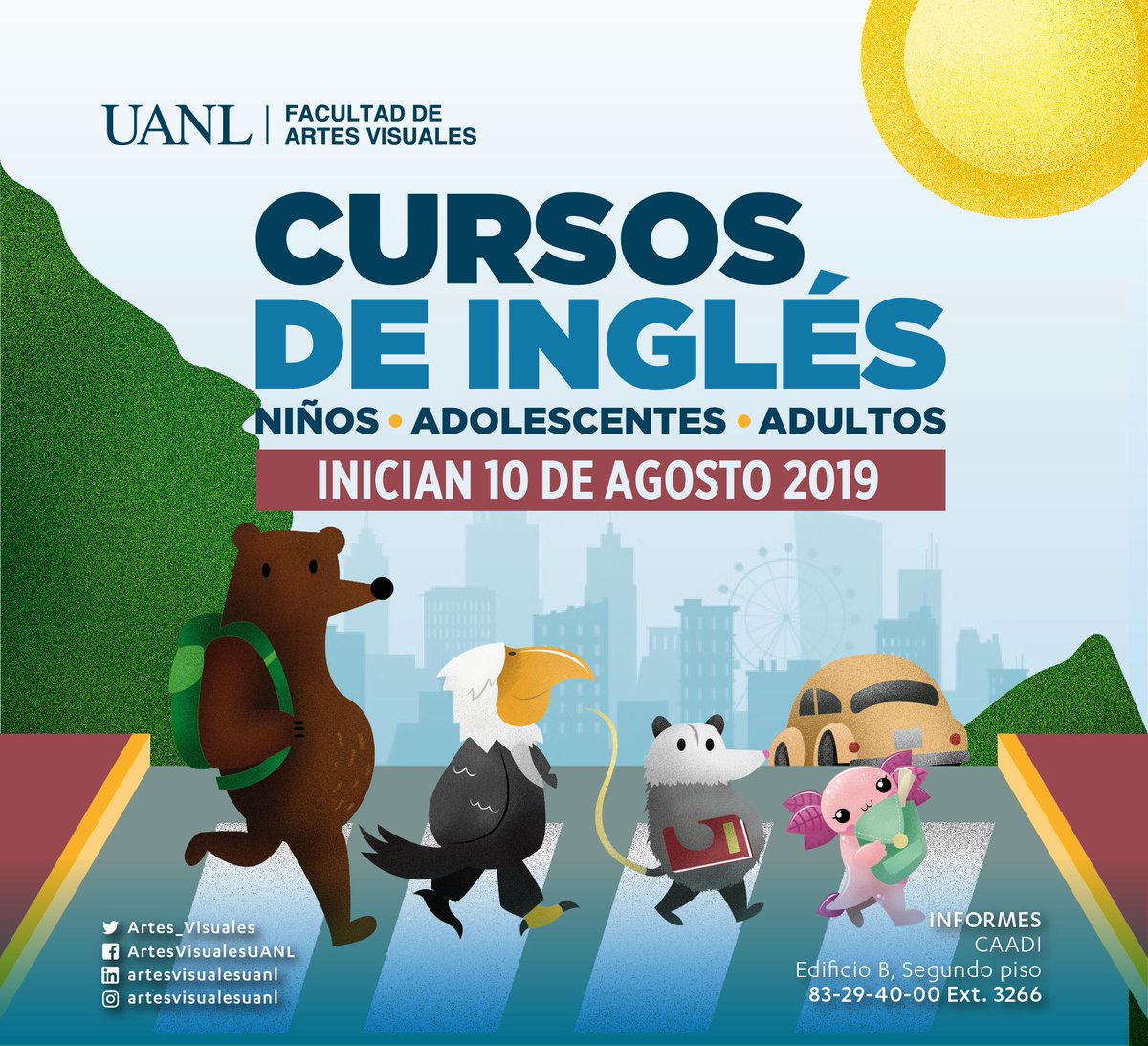 La Facultad de Artes Visuales UANL te invita a los Cursos de Ingles para niños, adolescentes y adultos.

Inicio de clases 10 de agosto.

Informes en el departamento CAADI
Edificio B Segundo piso
Tel. 8329-4000 ext 3266