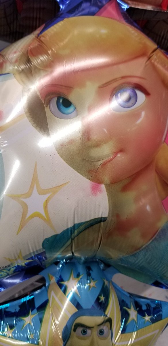 So the new Toy Story balloons we got in at work have a side that looks nice and then flip around and you see this. 

Bo peep looking cracked and well just not good. Really hope it is just a printing mistake or something and not a hint at the happenings in Toy Story 4.