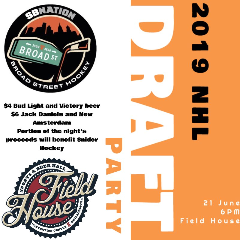 BroadStHockey's tweet photo. Join us for our THIRD annual NHL Draft Party! This year we will be at @FieldHousePHL on June 21st beginning at 6pm.

Drink specials include: 
$4 Bud Light and Victory beer
$6 Jack Daniels and New Amsterdam 

A portion of the night's proceeds will benefit @SniderHockey https://t.co/r3QN8ojiXx