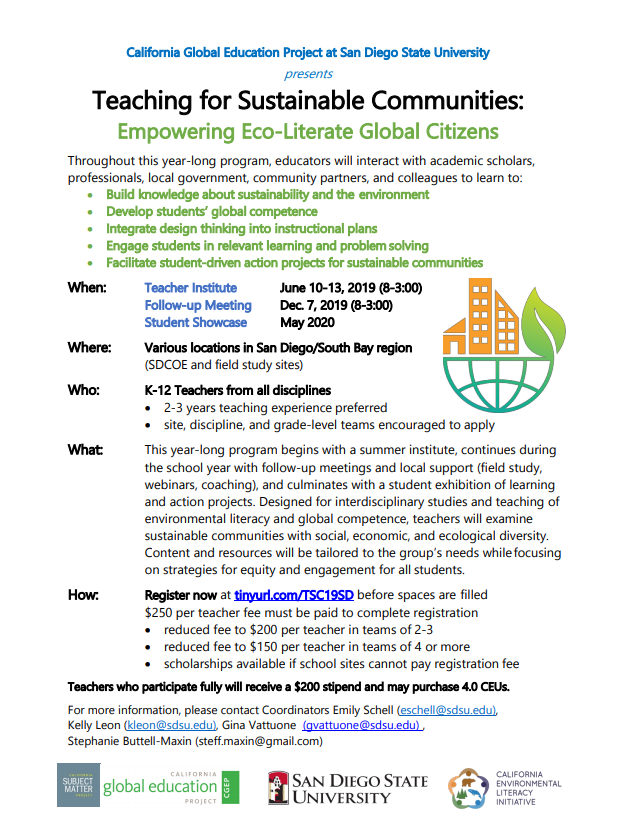 kellyleon912's tweet photo. 5 seats left for our Teaching for Sustainable Communities Program! We start w/ a Summer Institute happening next Monday-Thursday (6/10-6/13) in the South Bay of San Diego! Scholarships for registration are also still available!  Join @CalGlobalEd #SUHSD #CVESD @SUHSD @CVESDNews https://t.co/hFX49NS14o