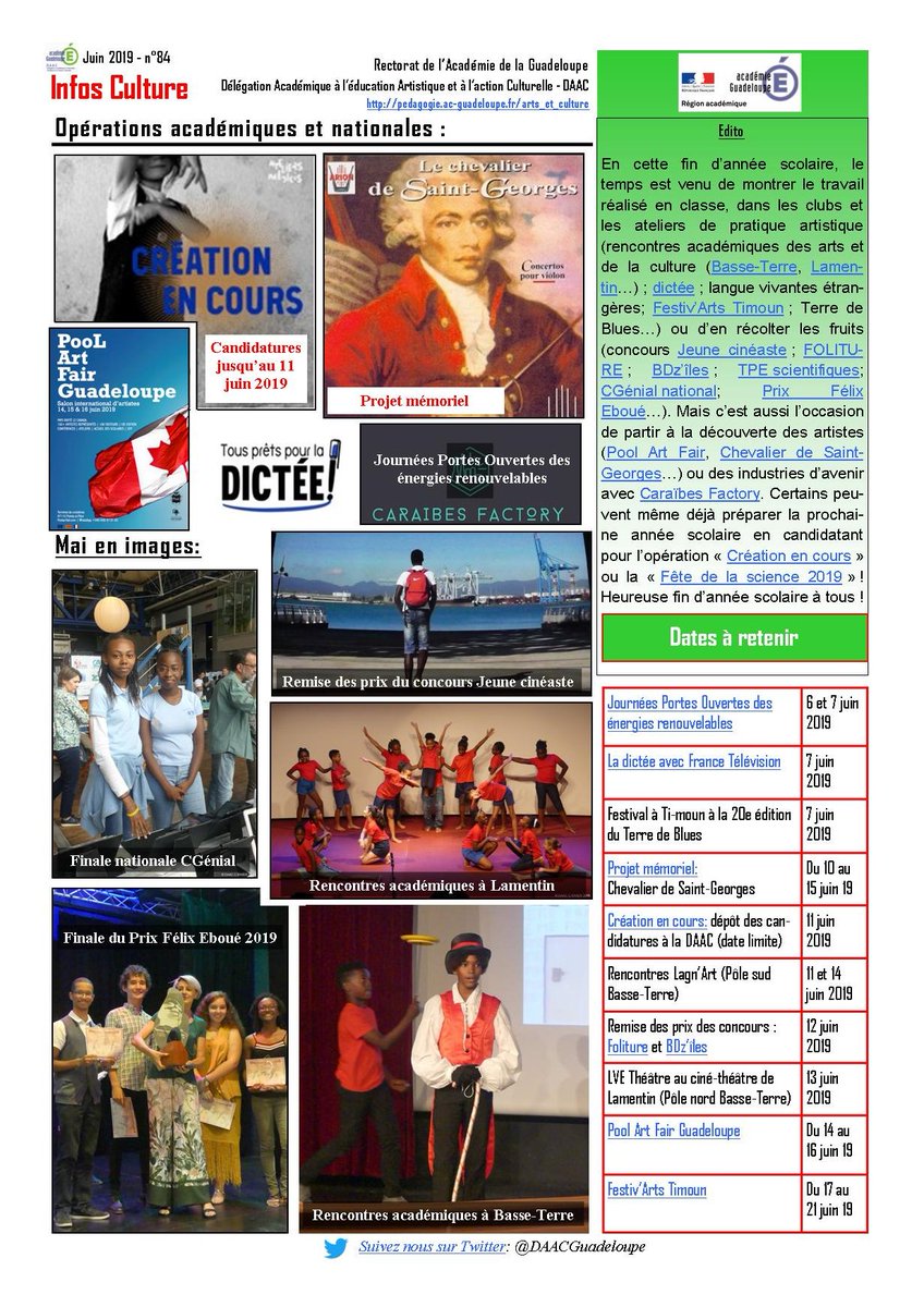 La lettre Infos Culture de juin 2019 est publiée ! Bonne lecture ! pedagogie.ac-guadeloupe.fr/arts_et_cultur…