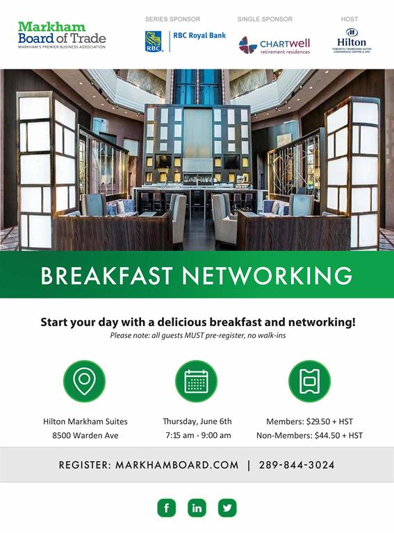 HiltonMarkham's tweet photo. Looking forward to hosting the #MarkhamBoardofTrade June #breakfast #networking event tomorrow. Please note: all guests must pre-register, no walk-ins. Register here: https://t.co/UCvA7hKygh @MarkhamBoard @cityofmarkham @frankscarpitti #MarkhamMix #scaleup #Hiltonmeetings https://t.co/kzgg7GSGDP