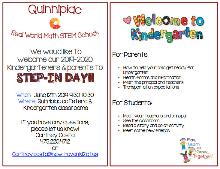 For our new KINDERGARTEN families...we hope you have marked your calendars for STEP IN Day! Come see the school, meet the teachers, and be ready to be an official Quinnipiac STEM Student! #welcome #Qstem #quinnipiacstem #stepinday #getreadyforkindergarten