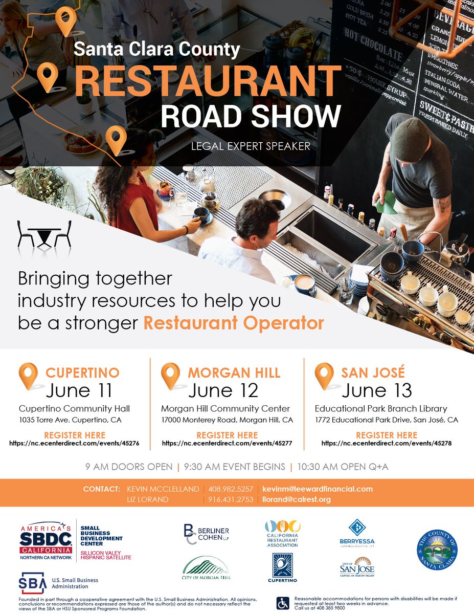 ChooseMorganHil's tweet photo. Are you in the Morgan Hill or Santa Clara restaurant business? The Santa Clara County Restaurant Roadshow is a must attend event to understand the unique laws and legal issues you face. The roadshow comes to Morgan Hill on June 12!
https://t.co/5xR3v13d8p
#restaurantoperator https://t.co/qzStYFxNHR