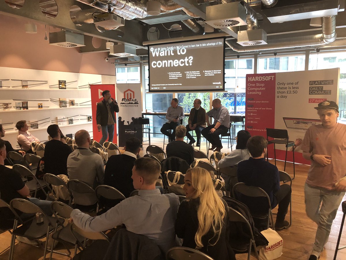 HardSoft_'s tweet photo. Panel is in full flow time hosted by @PushONltd Simon joined by Matt Hackett, James Lees of @Mabo_Media and Steven Oakes of @STMcreates ! #McrMagentoMeetup Thanks to Pushon for putting it on. https://t.co/yA34nKp8us