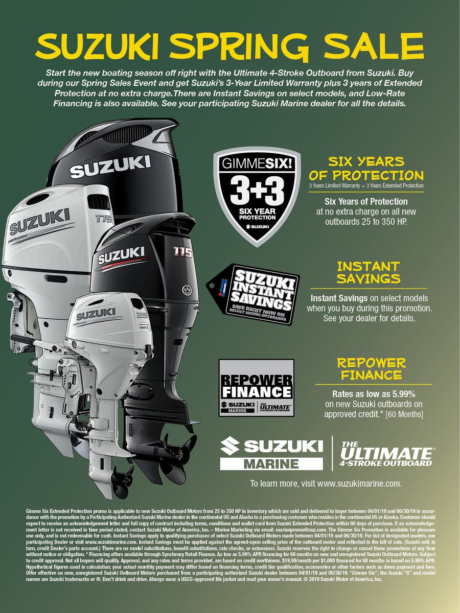 LMMarineLLC's tweet photo. Stop by and pick out a new Suzuki Outboards til the end of June for a 6 year warranty and rebate!! https://t.co/dqrOlLE0lp