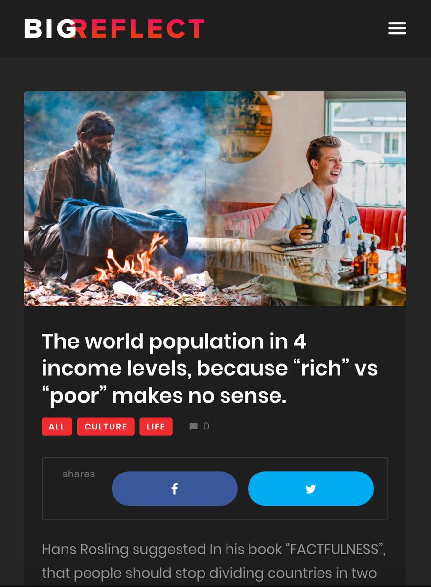 BigReflect's tweet image. Hans Rosling suggested In his book “FACTFULNESS”, that people should stop dividing countries in two groups because “it doesn’t make sense anymore, and it doesn’t help us understand the world in a practical way”. Article : bigreflect.com/the-world-popu…

#poorvsrich #population #Reading