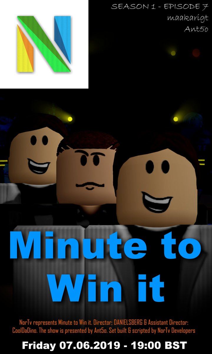 NorTvRbx's tweet photo. Minute to Win it's theatrical poster for this week is out!
Make sure to tune in and see @maakarigt and a special person compete for 300 Robux!
#Roblox #Nortv #MTWI https://t.co/2COYLu67dI
