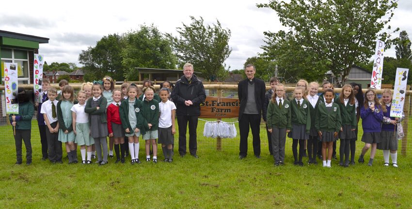 FarmSjsb's tweet photo. We had a wonderful time this morning as Bishop John opened and blessed our very own St. Francis Farm. #sjsbfarm #sjsb #smsc @SalfordDiocese https://t.co/ZAYoFRAN3i