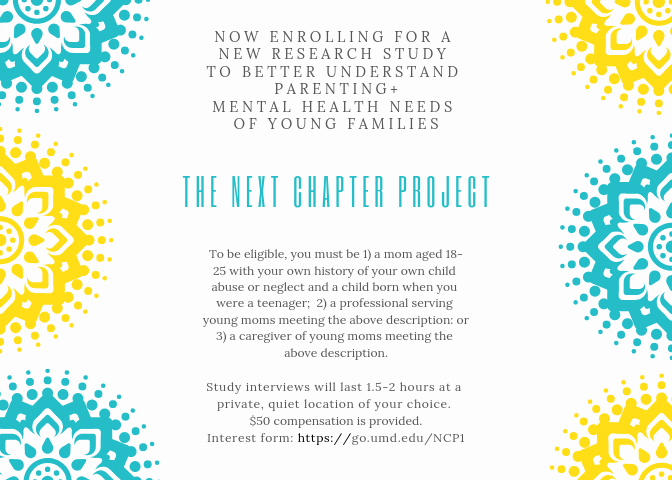 commTHRIVESlab's tweet photo. We're currently recruiting young moms who gave birth as a teen &amp; have their own history of child abuse &amp; neglect + their caregivers (parents, grandparents, aunties, etc). We will come to you anywhere in MD or DC! Compensation $50 for 2 hr qualitative interview #NextChapterProject https://t.co/MRgcdWMjcZ