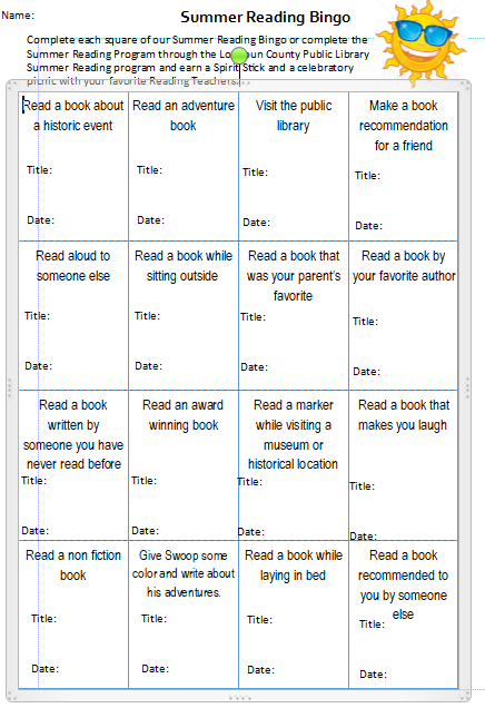 ReadingCre's tweet photo. Be sure to participate in our "Summer Reading Program"! Take your photo with "Flat Swoop" and complete the bingo challenge! A special courtyard picnic party will host all participants in the fall! Don't miss the fun! #SummerReadingFun @CardinalRidgeES https://t.co/hrjVKozB5y