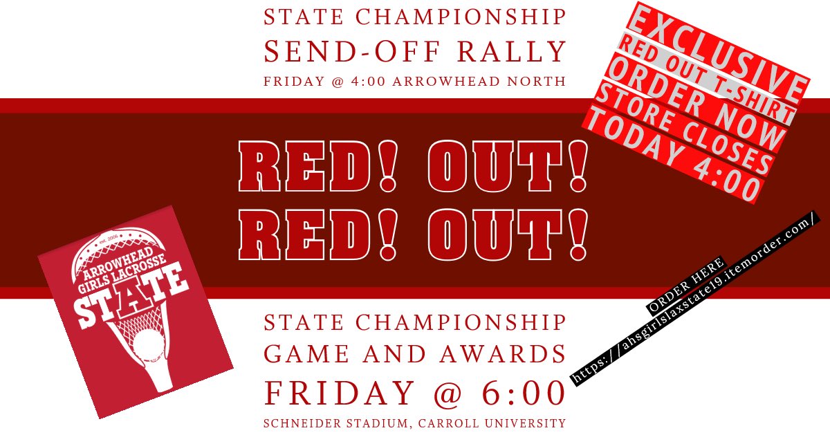Let’s fill the stands with red!!! And support our girls as they face off against USM~.            Click below to order your Red Out T-Shirt from Mid-City! 
ahsgirlslaxstate19.itemorder.com