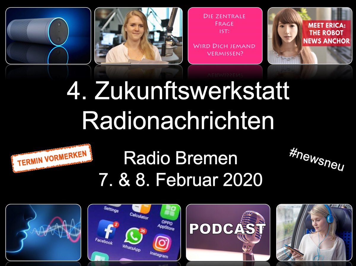 +++wichtig+gut+prima+++

#newsneu kommt nach Bremen! 

Die 4. Zukunftswerkstatt Radionachrichten findet im Februar 2020 statt.

Womit sollen/müssen wir uns beschäftigen? Ideen, Wünsche, Anregungen? Gern gleich hier oder an Mail@Nachrichtenzukunft.de

#gernRT #followerpower