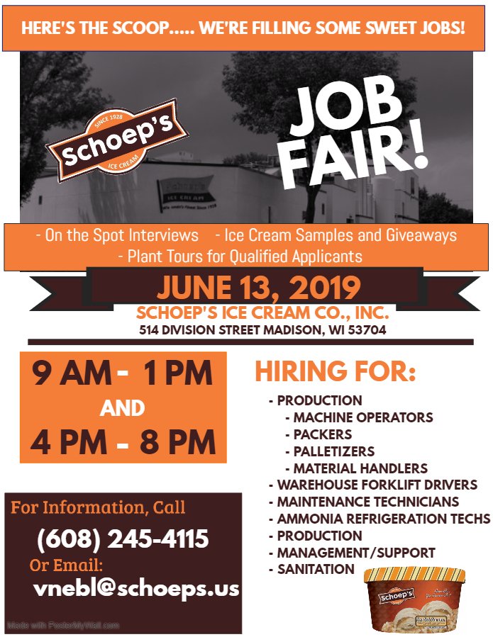 Looking for a cool career? @SchoepsIceCream is hiring! Find out more at our Job Fair on Thursday, June 13. 
#SchoepsIceCream
#WisconsinsFinestSince1928
#ServeItYouDeserveIt
#IceCream
#JobsinWI
#MadisonJobs