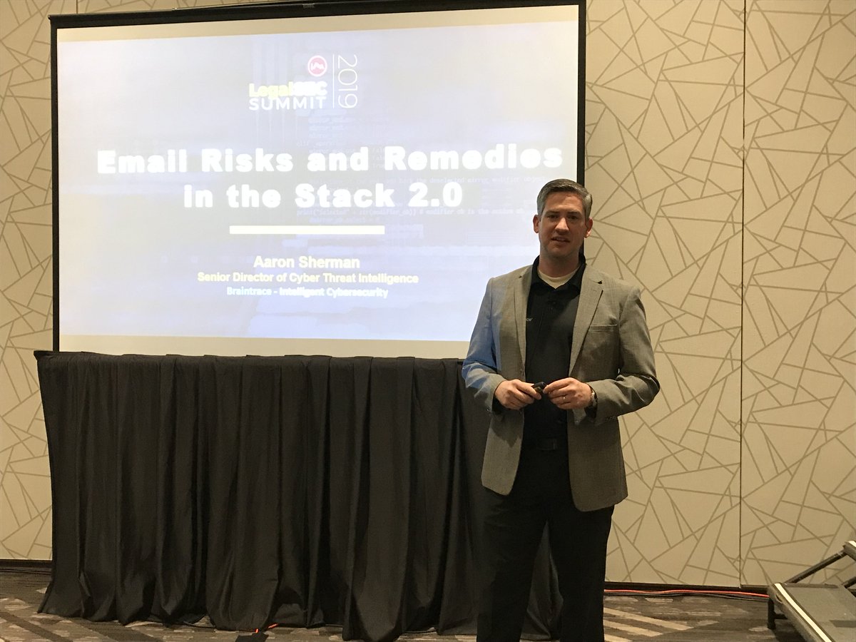 _braintrace's tweet image. Aaron Sherman, Senior Director of Cyber Threat Intelligence for Braintrace, speaking on Email Risks and Remedies 2.0 and Threat Intelligence at ILTA LegalSEC Summit 2019.
#braintrace #LegalSEC #WeAreILTA #lawfirmsecurity