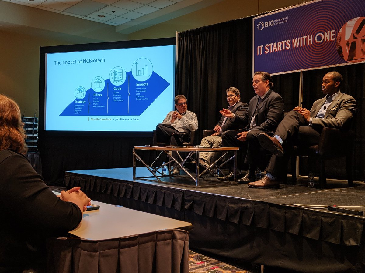 RobinDeacle's tweet photo. #BIO2019 panel on changing models for tech based economic development, especially financing. @ncbiotech CEO Doug Edgeton talks strategy to impact, with panel organizer Tracey Du Laney in foreground. https://t.co/z5YBVOAmkY