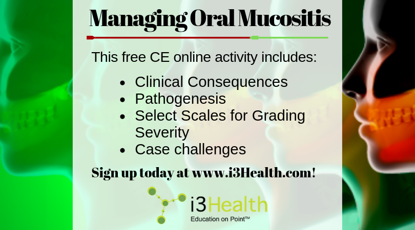 i3health's tweet photo. Free CNE will discuss nursing management of #OralMucositis: https://t.co/vPmoVnOpkZ

#FreeCNE #CNE #FreeCE #ILNApoints #OncologyCE #OncologyCNE #ContactHours #OncologyNursing #Nurse https://t.co/Ky6Dp0Huvr
