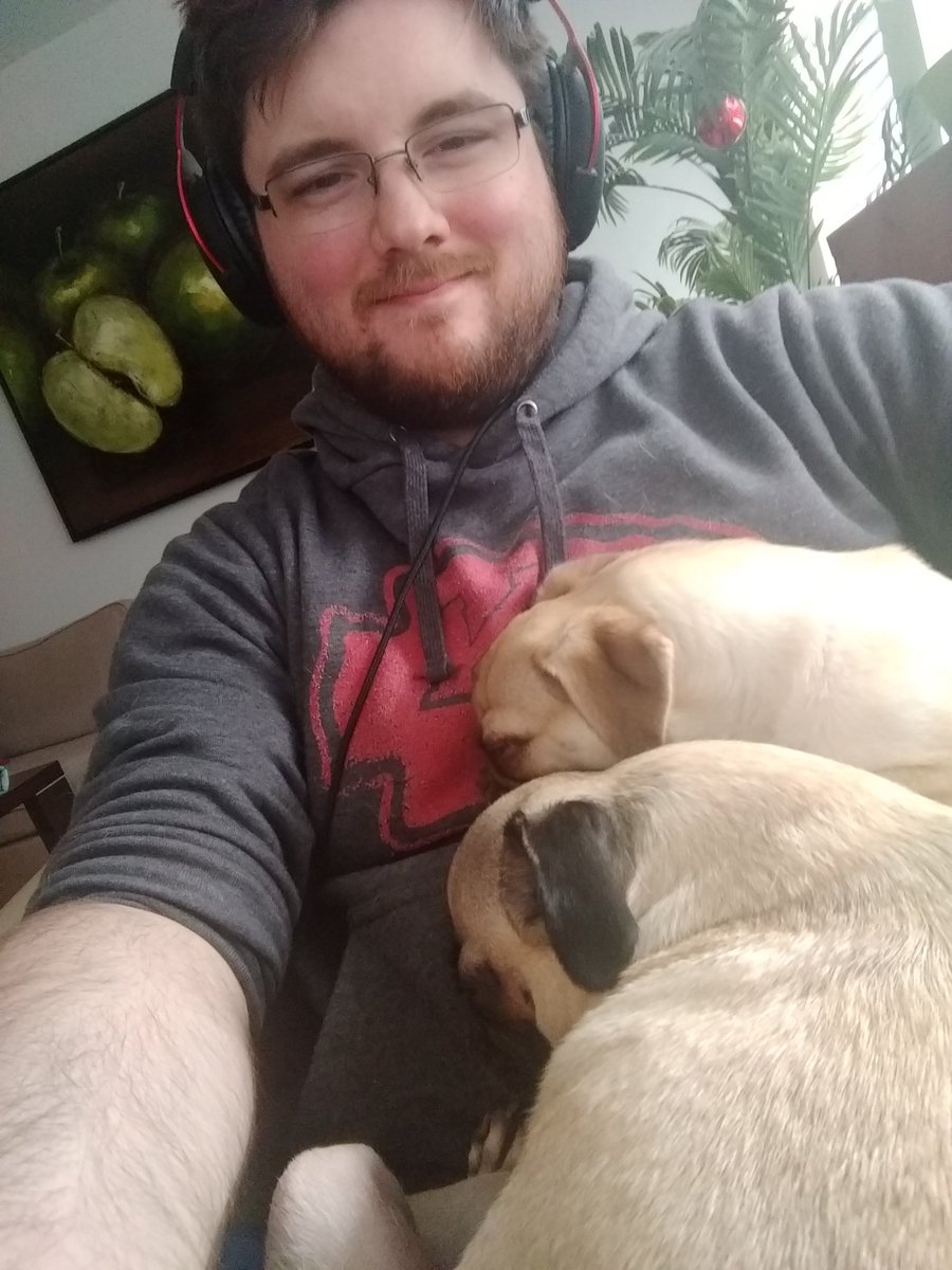 ceziumgames's tweet photo. Two pugs sleeping on me while I work? #ItsPugTime https://t.co/DmPzQW4dIt