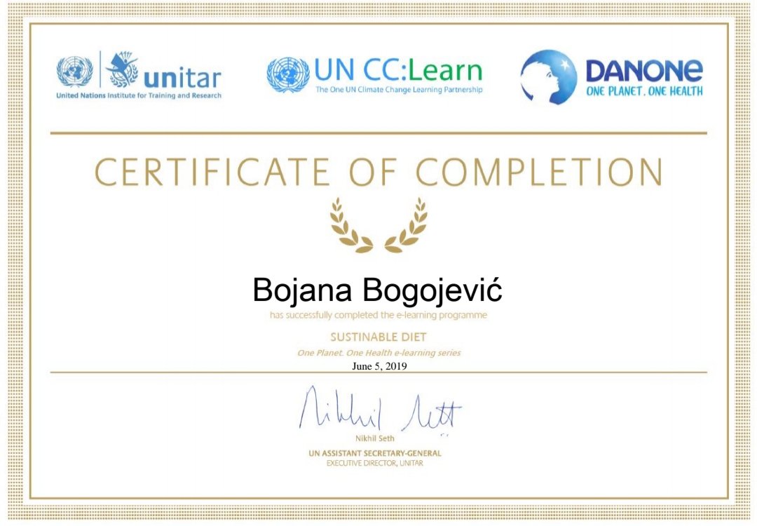 BojanaBogojevic's tweet photo. My newest Certificate: SUSTAINABLE DIET . Thank you @uncclearn We will won #climatechange battle @HarwoodEdu together #ClimateChangeIsReal @UNDP @UNFCCC @UNEnvironmentEu @UNHABITAT @UNDPSerbia @euppf @EUClimateAction @UNDPEU @FabriziSem @MAC_europa #UNCCAlumni https://t.co/1xqLqKqod1