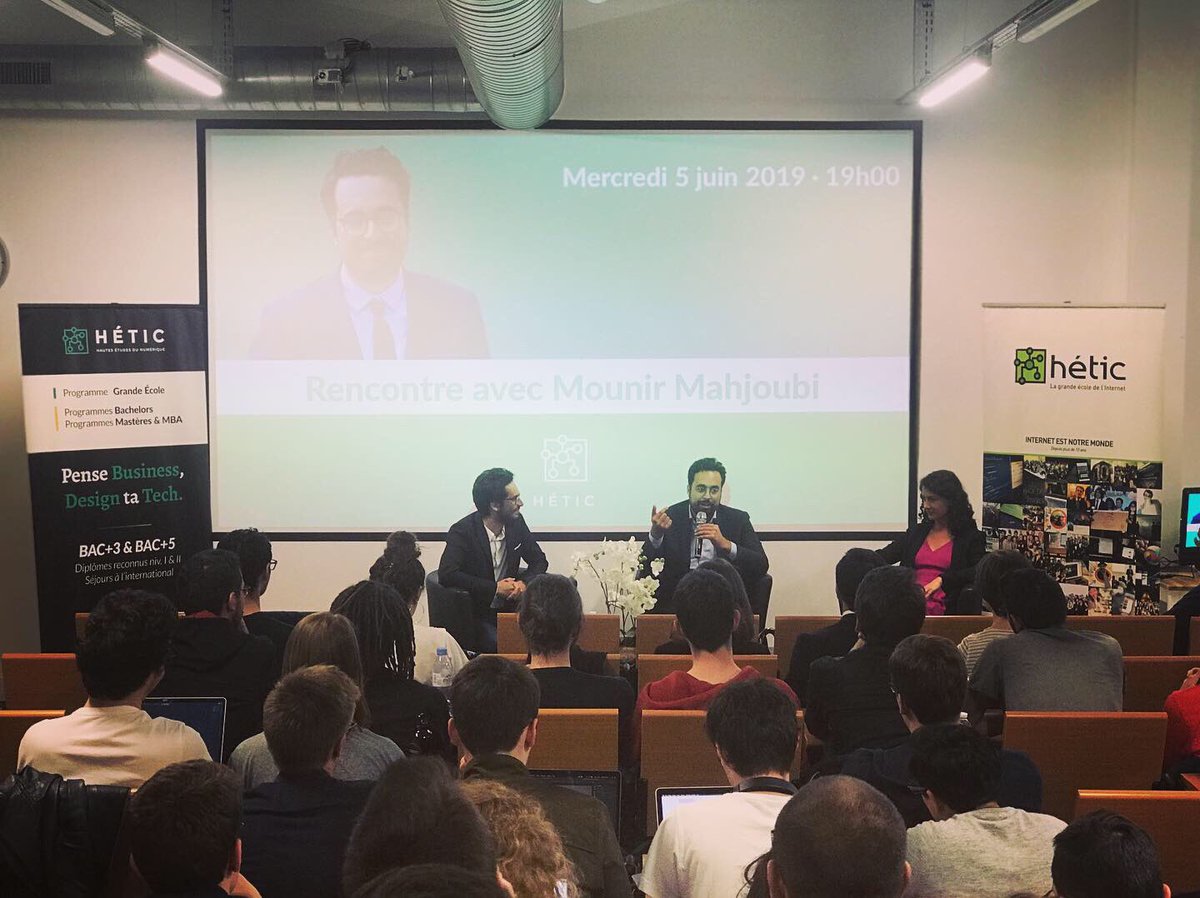 LeaPeersman's tweet photo. Un honneur et une chance pour les étudiants d’ @hetic ce soir de recevoir @mounir . Fracture numérique,IA, éducation, éthique, green tech, tech for good, exception française, talents, mais surtout une profonde humanité!”C’est à nous de décider demain” #merci #behetic #frenchtech https://t.co/0WlkqurgIY