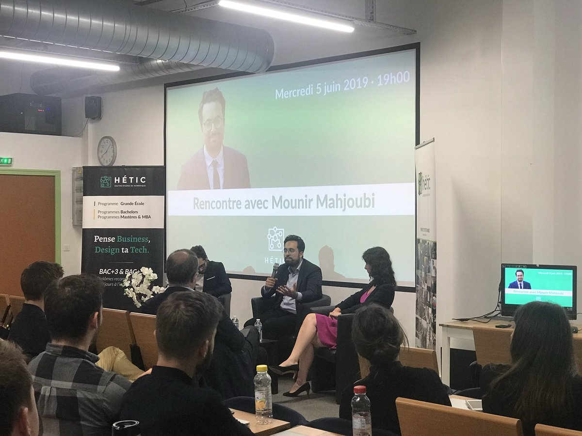 LeaPeersman's tweet photo. Un honneur et une chance pour les étudiants d’ @hetic ce soir de recevoir @mounir . Fracture numérique,IA, éducation, éthique, green tech, tech for good, exception française, talents, mais surtout une profonde humanité!”C’est à nous de décider demain” #merci #behetic #frenchtech https://t.co/0WlkqurgIY