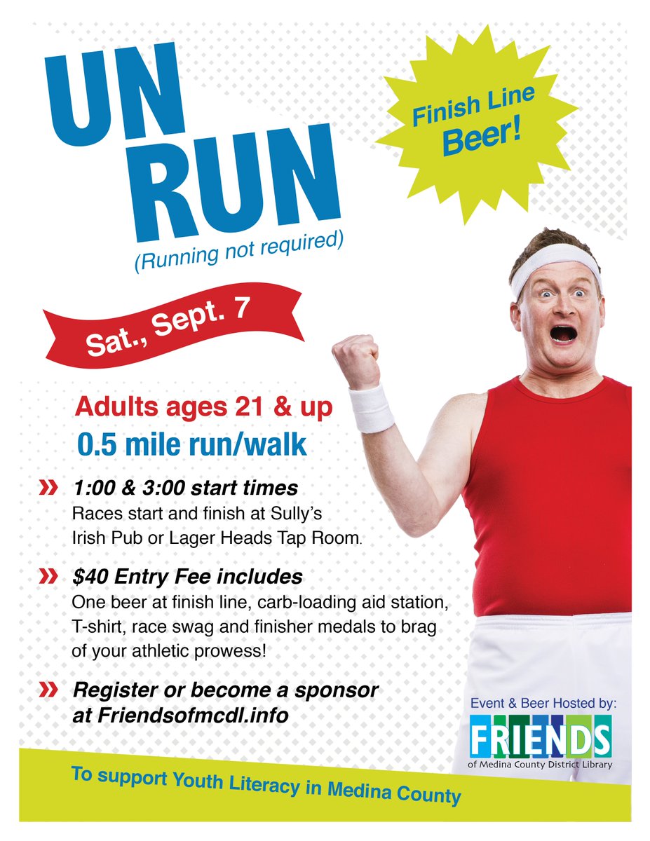 mcdlfriends's tweet photo. #savethedate: Join us Sat., Sept. 7 for a grueling 0.5 mile #unrun (stroll) between @SullysPubMedina & @LagerHeadsBeer. Proceeds will help the Friends support the Summer Reading Game at @medinalibrary. Go to https://t.co/BtJpIvwl62 for more details. https://t.co/wSIwZbfTx2