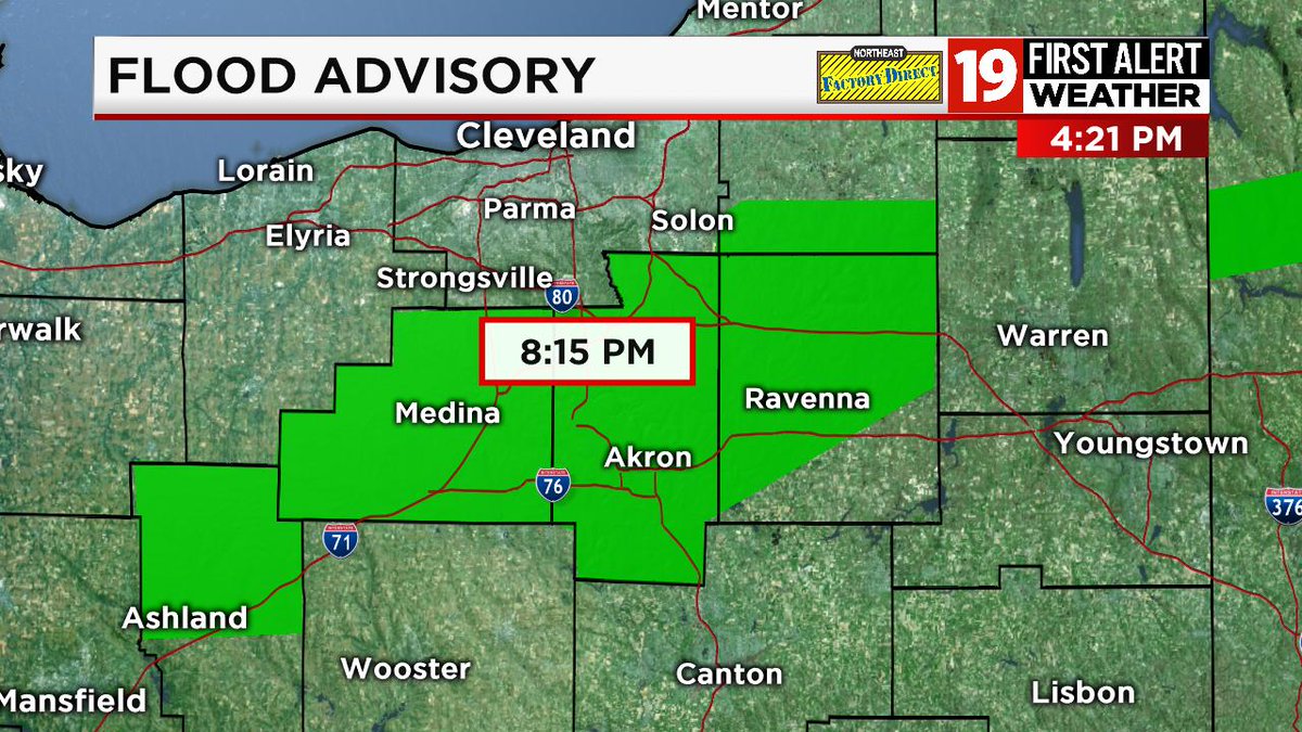 SamRobertsWX's tweet photo. *FLOOD ADVISORY* for many of you. Northern Ashland County, Medina, Summit, most of Portage, and southern Geauga County. #ohwx @cleveland19news @brianmsinclair https://t.co/uVfbhxKHQX
