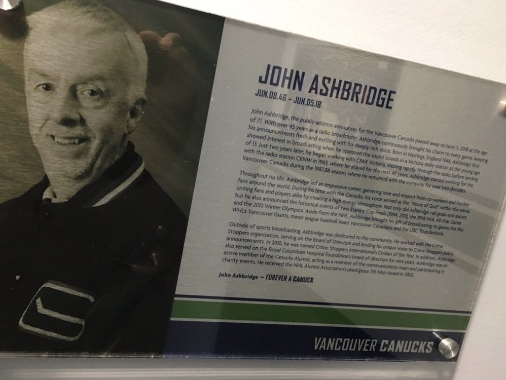 canucksalumni's tweet photo. Remembering our friend, and The Voice, John Ashbridge today...
Its been one year since you left us and we miss you every day
#CanucksAlumni 💙 https://t.co/9aW33PfrPv