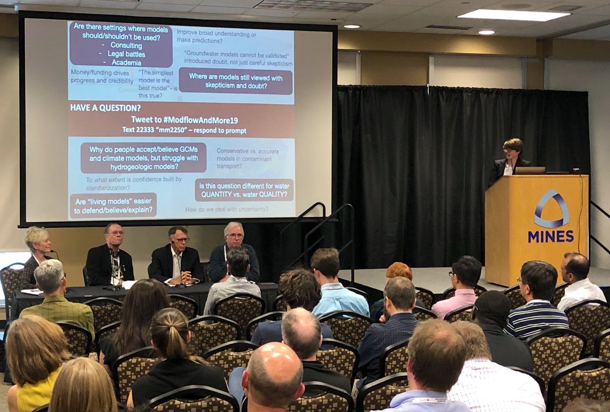 reedh2o's tweet photo. An awesome #modflowandmore19 panel discussion! Drs. Poeter, @gefogg Sudicky, Stephens are just having an amazing conversation about models and we get to watch and learn! @IGWMC @coschoolofmines https://t.co/J3CGau4FW7