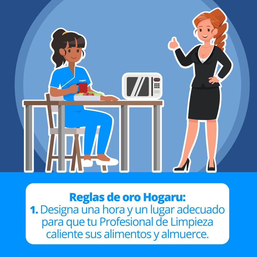 ✨En Hogaru cuidamos a nuestras Profesionales de Limpieza.👩💙👩🏾 Por eso, nos preocupamos por garantizar condiciones laborales dignas para el ejercicio de sus labores. 🥘🥗Como cliente debes designar un tiempo y un lugar para que tu Profesional de Limpieza pueda almorzar. 🕙