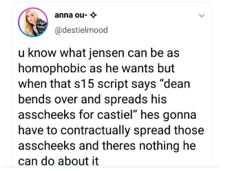 Magdalena5880's tweet photo. WOW. Just WOW. I can't even process this.
Tho I'm pretty sure that the reason Jensen is going 2 talk w the writers is NOT canon destiel.
Also,"no one gives a damn if he's that uncomfortable"&amp;
"he should stop coming to cons"
So his opinions don't matter? He has 2 "DEAL W IT"??🙄🤦🏻‍♀️ https://t.co/ab61T2ge7z