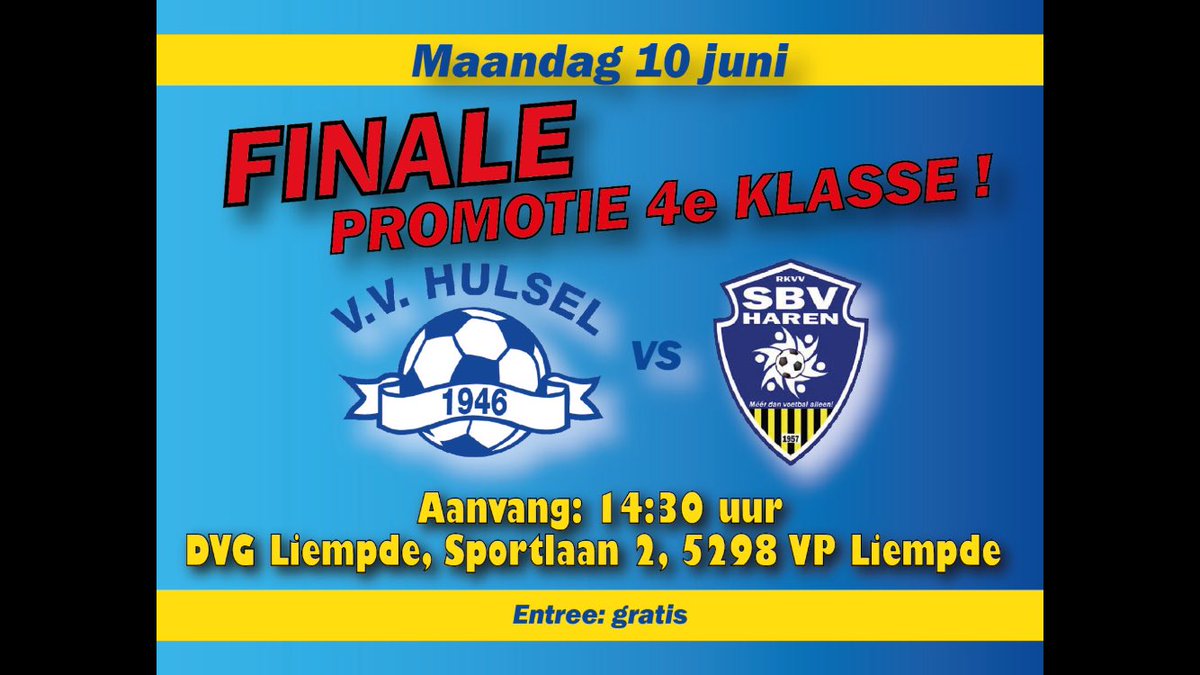 Aanstaande maandag staat ons 1e elftal in de finale voor promotie naar de 4e klasse... Hopelijk zien we veel supporters langs de kant om onze mannen naar de 4e klasse te schreeuwen 🏆🍾⚽️😃!! 
Hulsel 1 veel succes en geniet d’r ook van💪!
