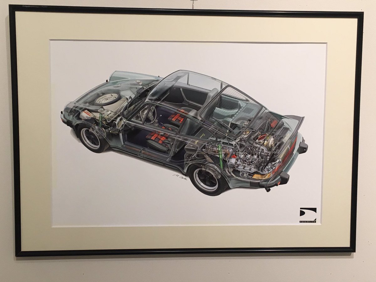 山田ジロー C 自動車の透視図を描いてるのは日本だと二人だけになってしまった大内誠氏と僕でポルシェターボが競作になりました 大内氏のは初期の初期でリアブレーキキャリパーがまだ前側なのが興味深い オートモービルアート展