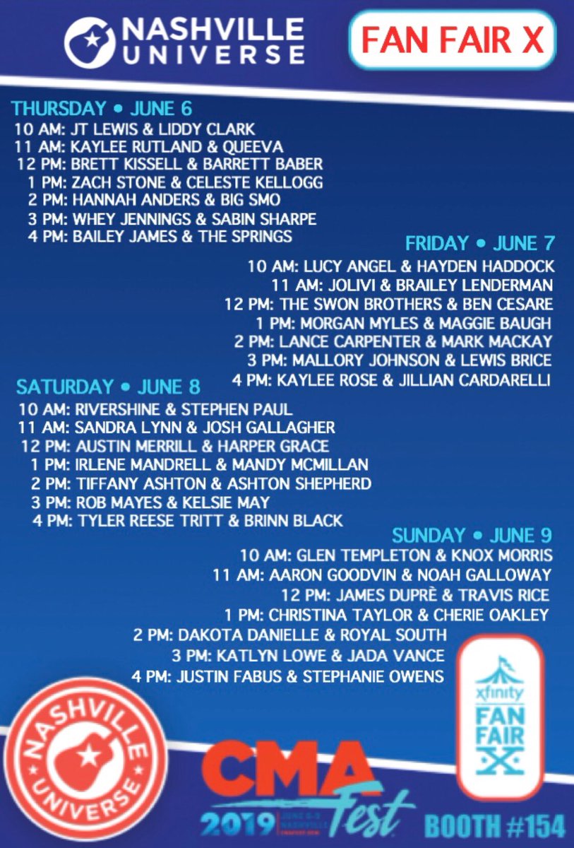 THE NEWS IS OUT!
56 artists in our #FanFairX booth (inside the Music City Center) &amp; over 30 LIVE performances on our #NashvilleUniverseLIVE Stage (inside the Nashville Underground)!

#cmafest #countrymusic #nashville #nashvilleuniverse #nashvilleuniverselive #LIVEmusic #FREEshows