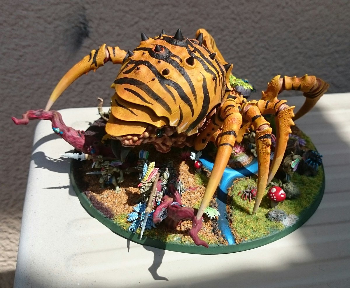 合身ufo戦士 ウェブスピナー シャーマン アラクナロック スパイダー騎乗 完成 シャーマン上に乗せずに 足元に丸く32mmベース設置用スペースを設けて脱着式に Webspinnershaman Arachnarokspider Gloomspitegitz 大蜘蛛のトラー 寝ていた