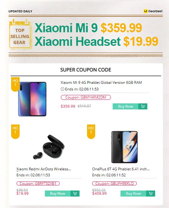 TOP SELLERS GEAR #GearbestMidYear: 
1.Xiaomi Mi 9👉US$359.99
2.Xiaomi Redmi Headset👉US$19.99    
3.Oneplus 6t👉US$409.99 
Click here to buy: bit.ly/2WkA1nX