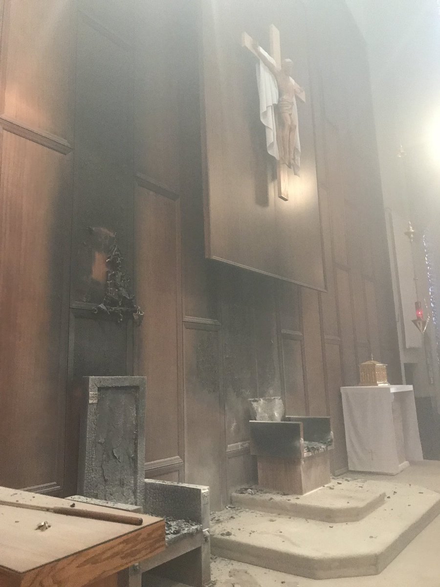 CatholicDadJoke's tweet photo. No jokes tonight. Our Cathedral was set on fire this afternoon shortly before daily mass. Please pray for our community, our priests and for whoever did this. https://t.co/DkaP42yzoY