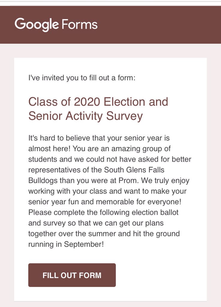 Google Form is out!!! Check your email to vote for officers as well as Senior activities! Let’s get senior year rolling!!